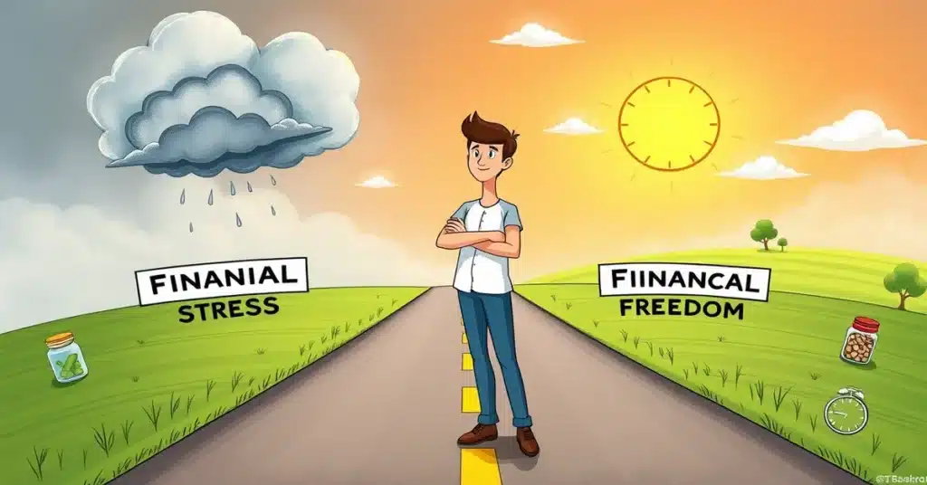 person standing confidently at a crossroads, choosing between paths labeled 'Financial Stress' and 'Financial Freedom,' with icons of money, savings jars, and clocks nearby.