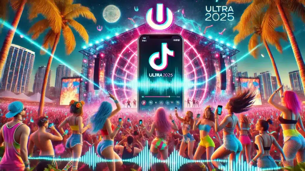 A colorful collage of US TikTok fans dancing under palm trees, with a smartphone displaying a viral TikTok video of a DJ at Ultra Music Festival 2025, neon soundwaves connecting the scene to a glowing Ultra logo.