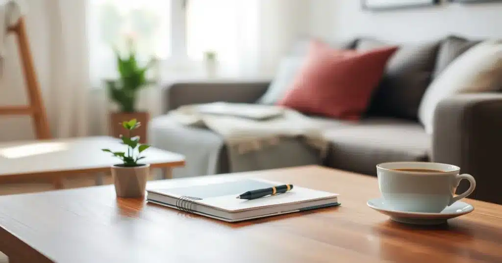 A minimalist desk setup with a journal, pen, and cup of coffee on a wooden table under soft natural light, symbolizing how busy moms can identify what truly matters in minimalist self-care for moms. A small potted plant adds a touch of mindfulness.