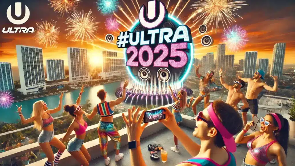 US fans in neon festival gear filming a TikTok dance on a Miami rooftop at sunset, with #Ultra2025 glowing in the sky and the Ultra Music Festival skyline in the distance.