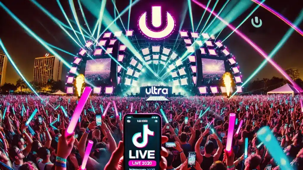 A vibrant night scene of Ultra Music Festival 2025’s main stage with US fans filming on phones, a TikTok interface streaming live DJ clips overhead, accented by neon lasers and a glowing ‘LIVE’ badge.