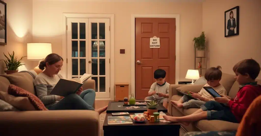 Tranquil family moment during quiet time—a mom meditating or reading while children play silently with puzzles or tablets, with a 'Do Not Disturb' sign hanging on the door, creating a peaceful atmosphere.