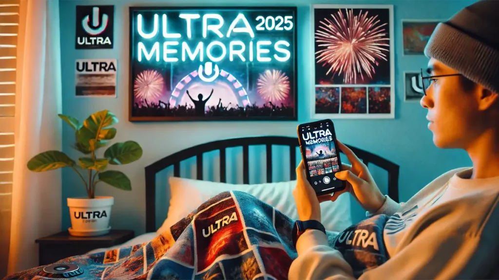 A US fan in Ultra 2025 merch edits a TikTok montage of festival highlights on their phone in a cozy bedroom, with a neon ‘Ultra Memories’ sign glowing on the wall.