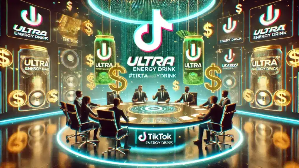 Ultra Music Festival organizers and TikTok influencers sign a deal in a futuristic Miami boardroom, with holographic dollar signs and #UltraEnergyDrink hashtags glowing under a massive TikTok logo.