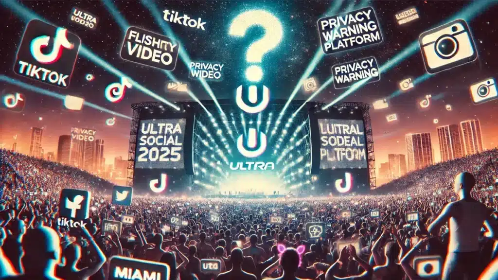 A split image of a chaotic Ultra 2025 crowd with TikTok screens and privacy alerts, contrasted by a futuristic social video platform rising over Miami, with a question mark above Ultra’s stage.