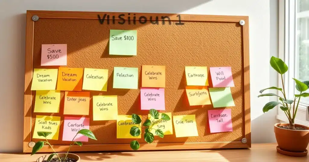 A motivational vision board with sticky notes saying 'Save $500,' 'Dream Vacation,' and 'Celebrate Wins,' placed near a growing plant under sunlight.