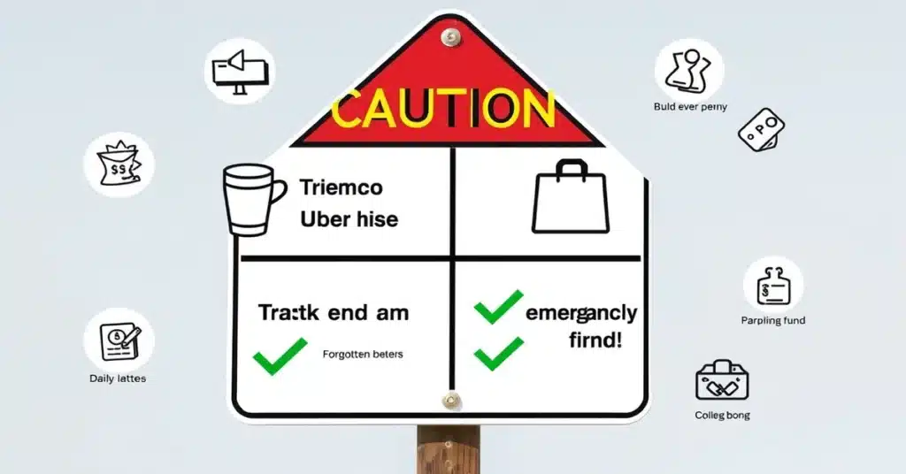 A caution sign highlighting common budgeting mistakes such as impulse buys and forgotten subscriptions, with green checkmarks next to solutions like tracking expenses and building an emergency fund.