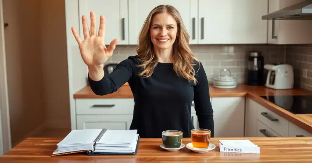 A confident woman standing at her kitchen counter, holding up a hand in a polite 'stop' gesture, symbolizing saying no without guilt as part of minimalist self-care for moms. On the counter are items like a planner, a cup of tea, and papers labeled 'Priorities.