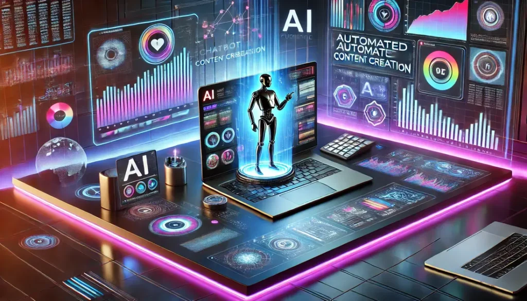 A **futuristic digital workspace** in a sleek **AI side hustles** theme, featuring an AI-powered laptop displaying **automated content creation**, a chatbot window, and advanced AI tools optimizing online earning opportunities.