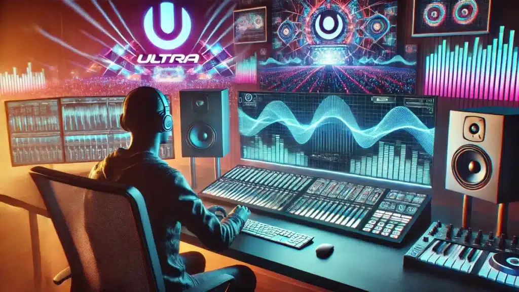 A US producer in a studio with AI music tools, neon waveforms blending into Ultra Music Festival’s stage