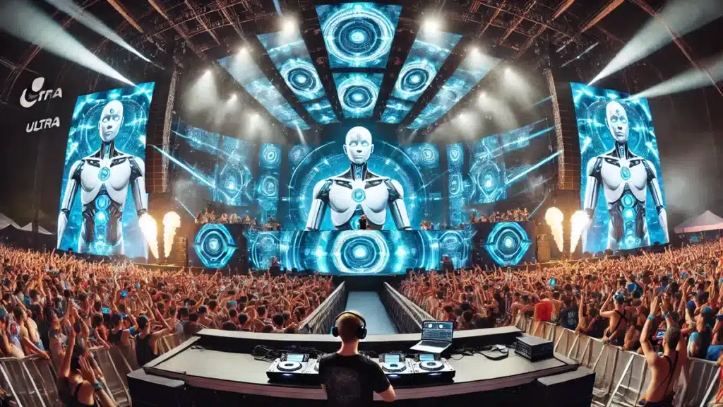 A DJ and AI hologram remix live at Ultra Music Festival 2025, lasers and a US crowd in the foreground