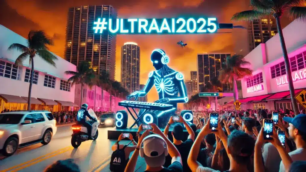 US fans film an AI music teaser on a Miami street, with #UltraAI2025 glowing above for Ultra Music Festival