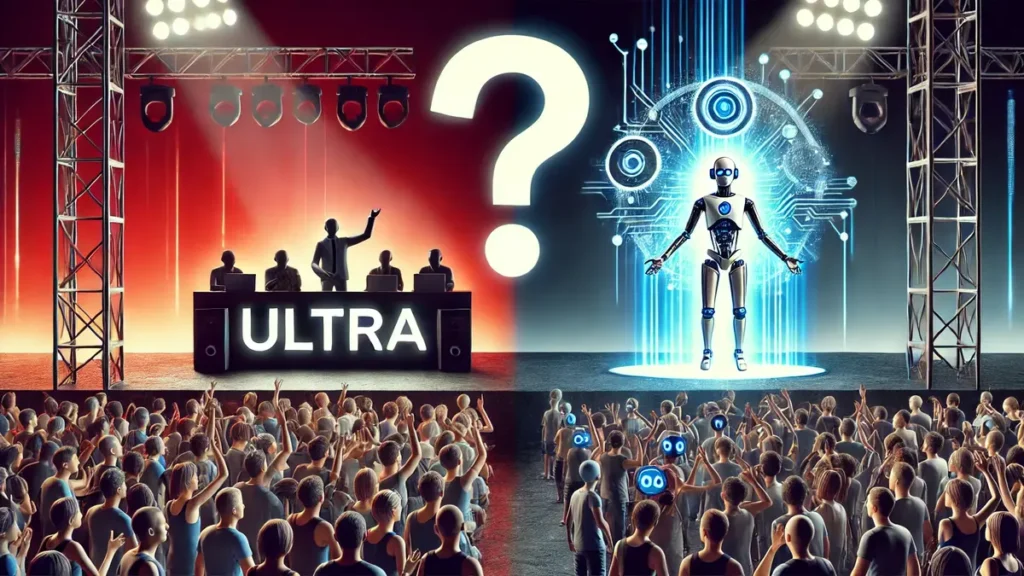 Split image of Ultra 2025 crowd debating AI in music, and a futuristic AI DJ, with a question mark above