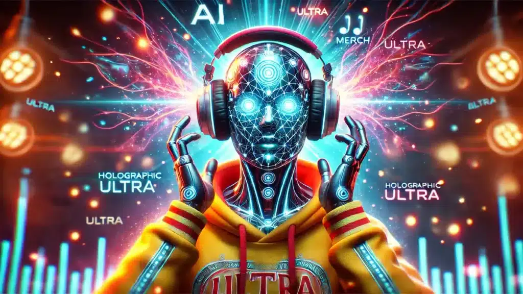 A US fan in Ultra 2025 merch streams AI music, with holographic festival moments glowing around them