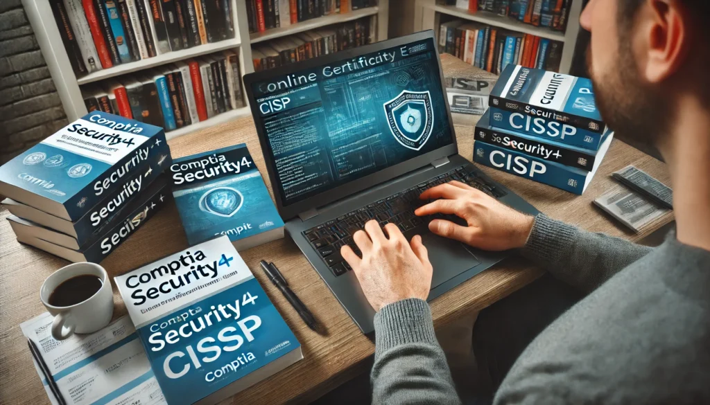 A cybersecurity professional studying for a certification exam, with books on CompTIA Security+, CISSP, and CEH. A laptop screen displays an online cybersecurity training course.