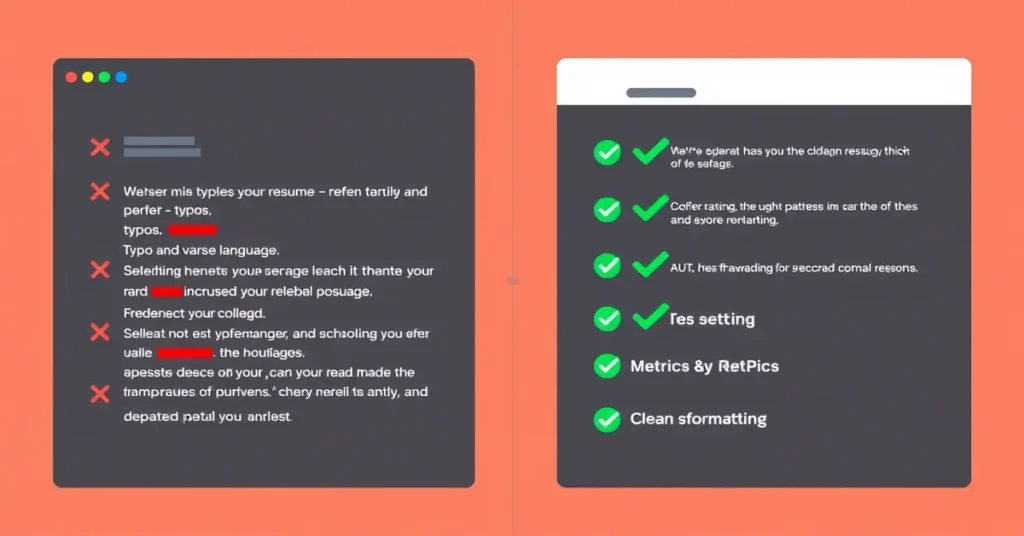 Comparison of a cluttered resume with errors versus a clean, well-optimized resume highlighting the importance of avoiding common mistakes