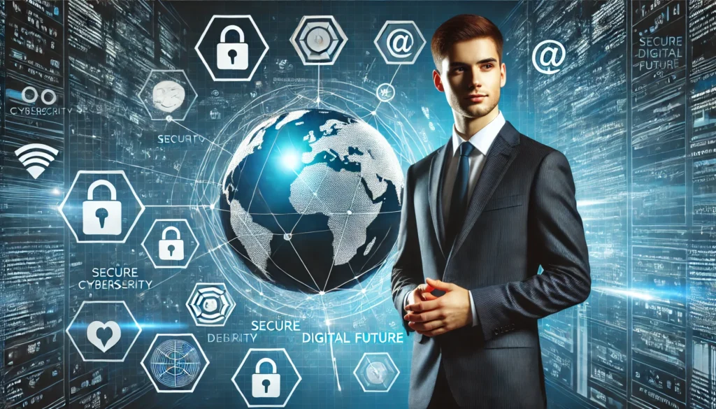 A cybersecurity professional standing confidently in front of a digital globe with security icons representing a secure digital future. The background has a high-tech security theme symbolizing career growth and success in cybersecurity.