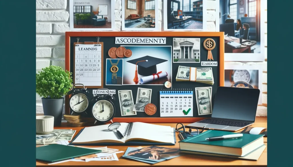 A vision board featuring success-related images, such as a diploma, money, and a calendar with a checkmark, representing the achievement of learning and earning goals.