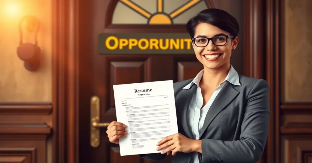 A confident job seeker holding a well-crafted resume in front of a glowing door labeled 'Opportunity,' symbolizing career success.