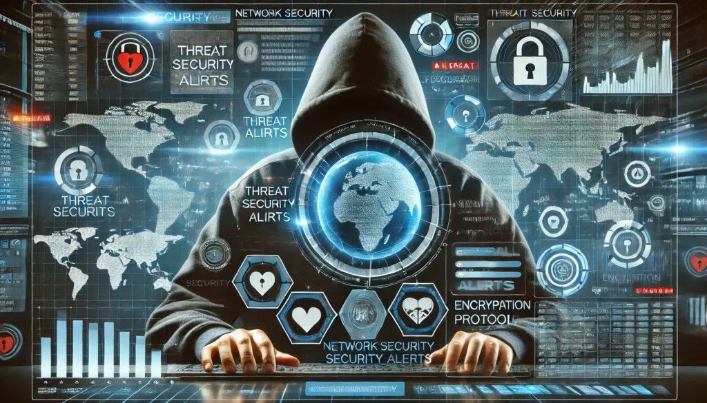 A cybersecurity professional analyzing a network security dashboard with threat indicators, firewall alerts, and encryption protocols in a futuristic digital security environment.