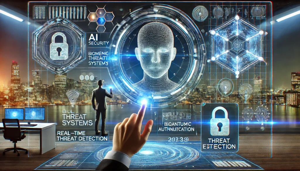 A futuristic cybersecurity concept with AI-driven security systems, biometric authentication, and quantum encryption. A professional is analyzing real-time threat detection data on a holographic display.