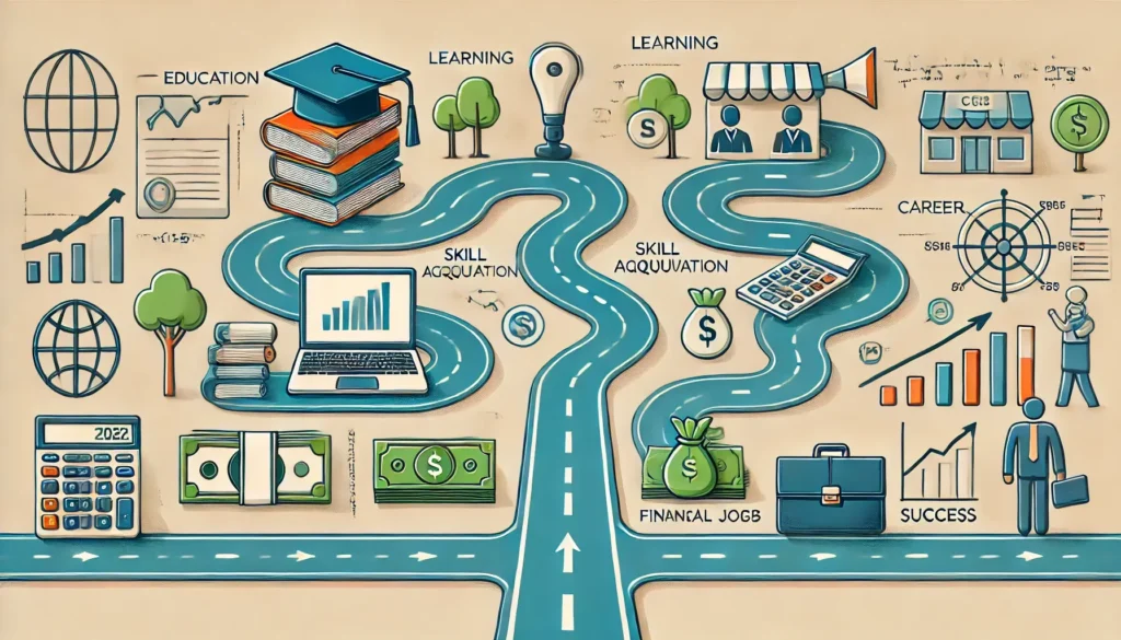 A roadmap combining education and career milestones, showing progression from skill acquisition to a high-paying job.