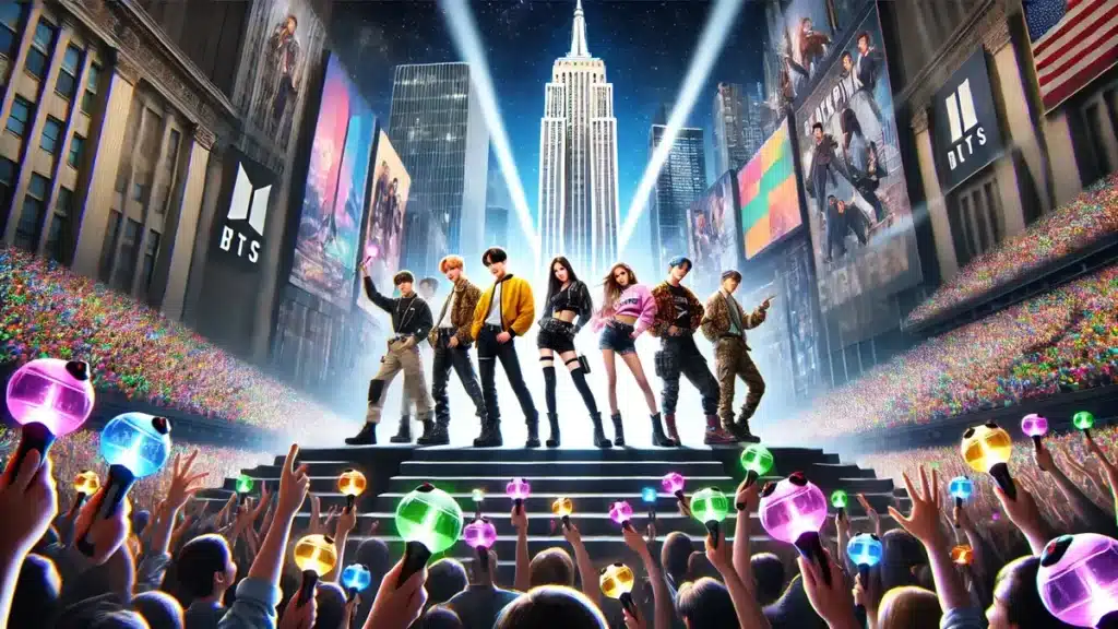 Dynamic image of BTS, BLACKPINK, Stray Kids, and ENHYPEN performing on a US stage with a cheering crowd and a futuristic city skyline