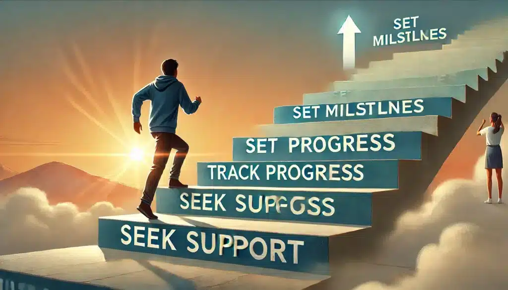 A person climbing a staircase labeled with motivational steps (e.g., "Set milestones," "Track progress," "Seek support"), symbolizing persistence in achieving goals.