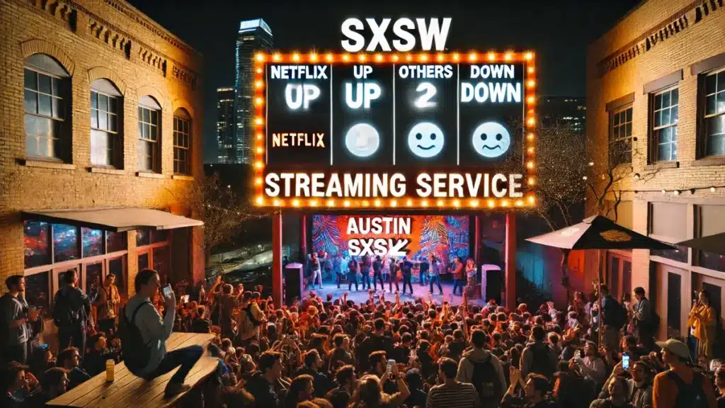 Post-SXSW 2025 scoreboard with streaming winners, US fans cheering under Austin’s lights