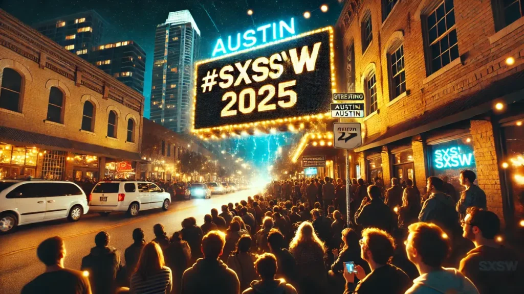 US fans on an Austin street watch streaming teasers, #SXSW2025 glowing above for the digital dominance battle