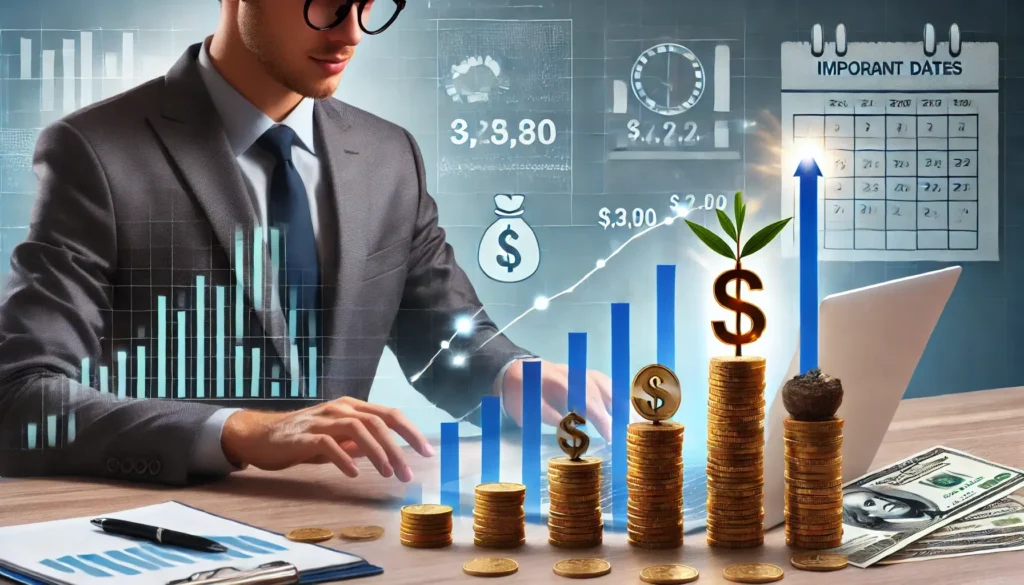 A professional tracking financial growth on a graph, with stacks of coins symbolizing income goals and a calendar marking financial milestones.