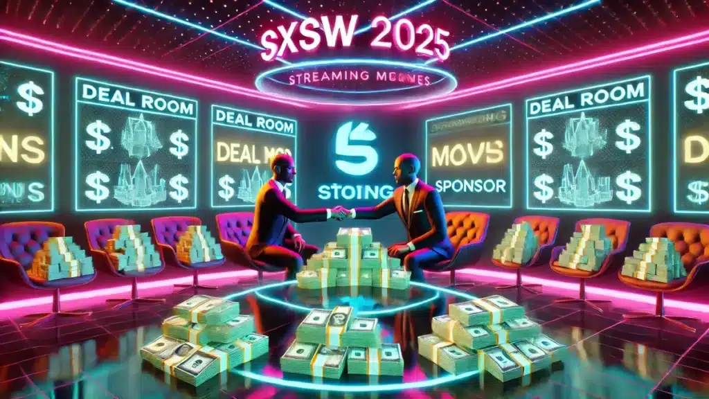 SXSW 2025 deal room with streaming execs, neon cash and sponsor logos signaling digital dominance profits