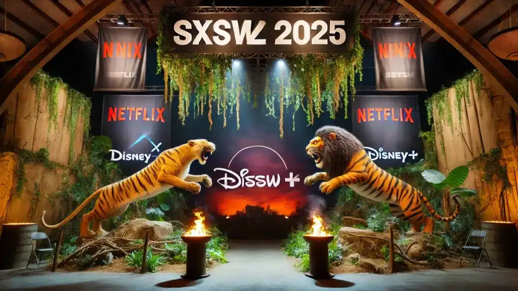 Jungle arena with Netflix and Disney+ logos as beasts, ready to fight for digital dominance at SXSW 2025