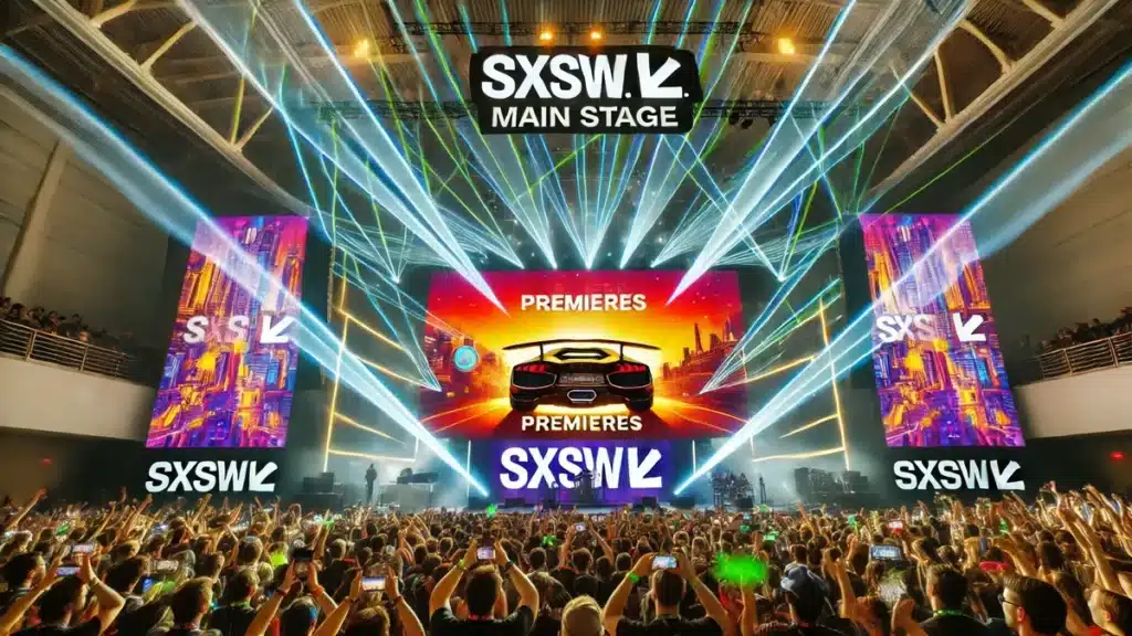 SXSW 2025 stage with streaming premieres on screens, lasers and a US crowd hyped for digital dominance