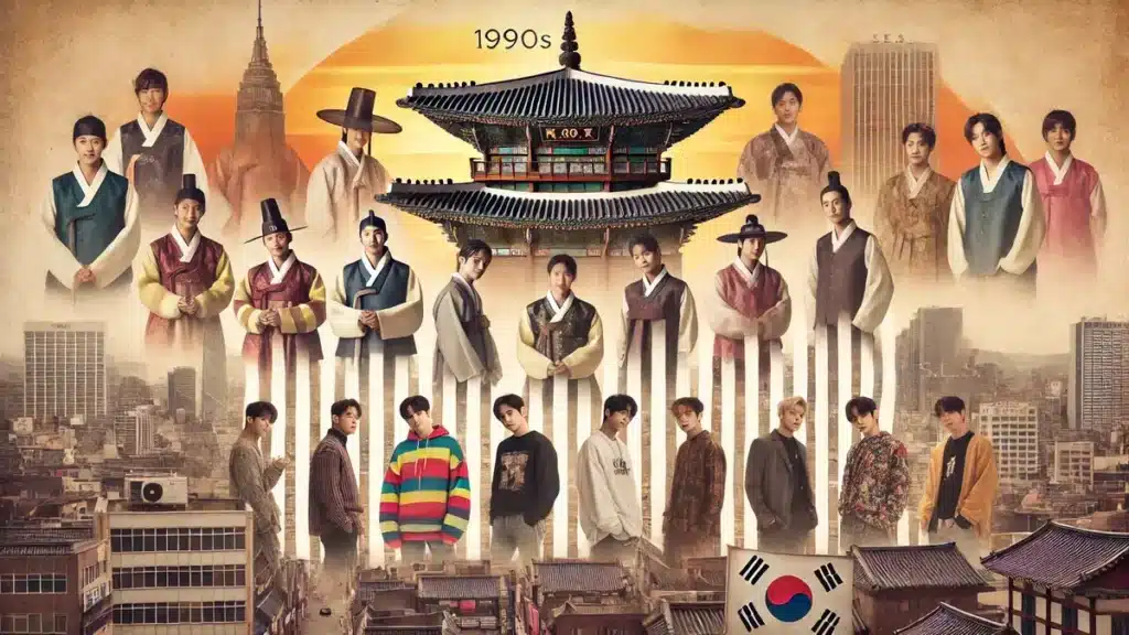 Vintage collage of traditional Korean musicians and 1990s K-Pop idols like H.O.T. and S.E.S., with a Seoul cityscape transitioning from past to present