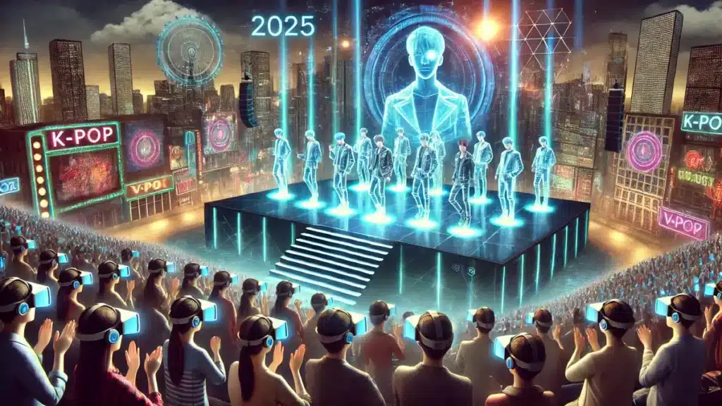 Futuristic K-Pop concert in 2025 with holographic idols, AI and VR technology, and a diverse audience in VR headsets against a high-tech cityscape