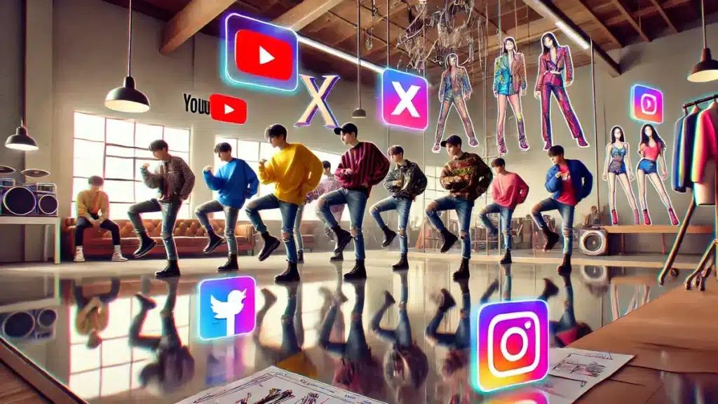 K-Pop group practicing synchronized dance in a studio with mirrors, fashion sketches, and social media icons representing fan engagement