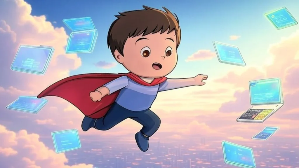 Cartoon kid in a superhero cape soaring with AI tools, showing personalized learning in action.