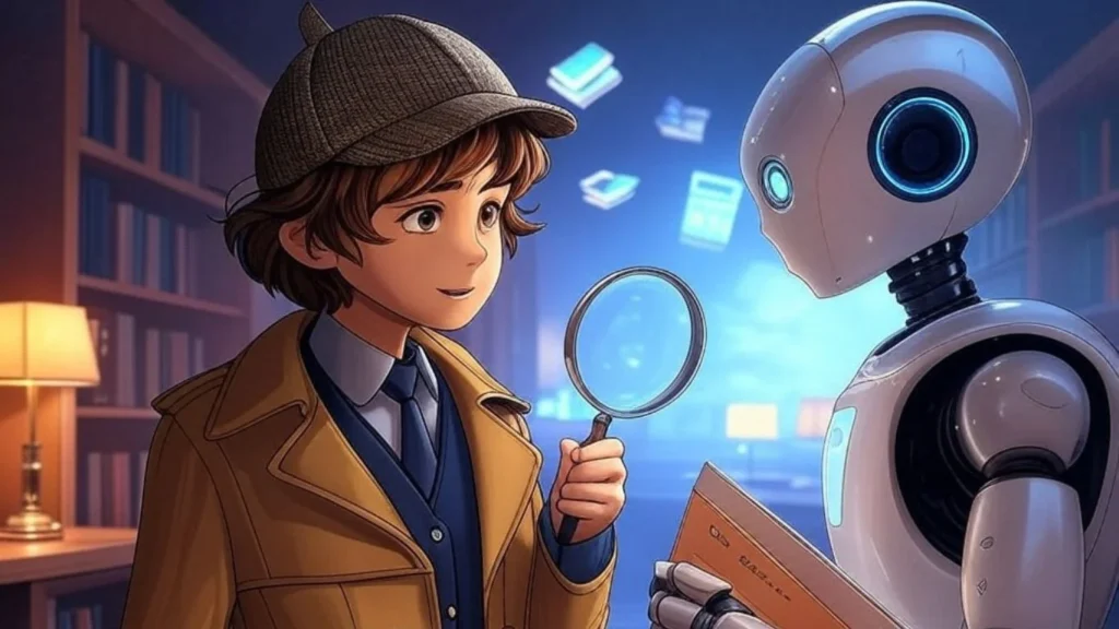 Detective kid checking a robot with a secret file, spotlighting ethical AI and data privacy.