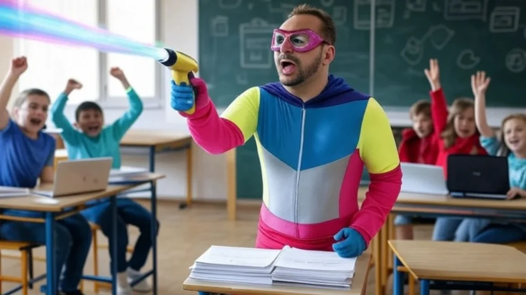 Superhero teacher using an AI wand with cheering students, showing how educators rock AI in class.