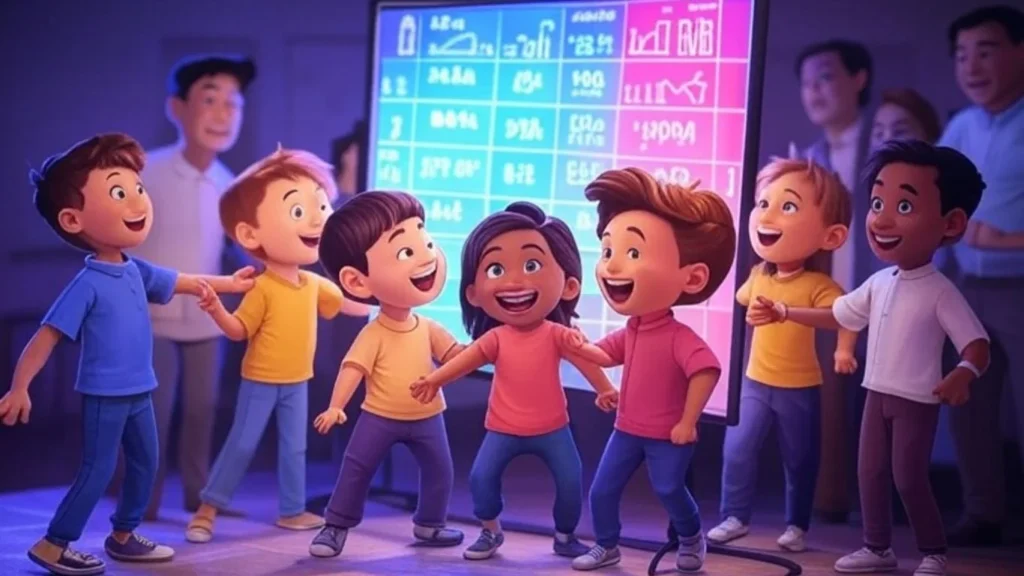 Neon chart with dancing cartoon figures showing 2025 AI in education stats like cash and usage.