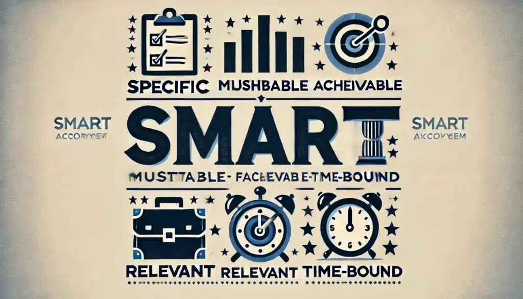 A visual representation of the SMART acronym, with each letter (Specific, Measurable, Achievable, Relevant, Time-bound) highlighted and illustrated with corresponding icons.