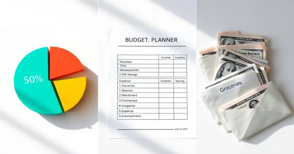 Three panels showcasing different budgeting methods: a pie chart for the 50/30/20 rule, a zero-based budget planner, and cash envelopes labeled 'Groceries' and 'Entertainment.'