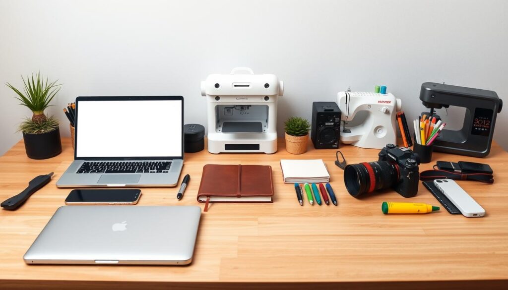 Side hustle starter kit: laptop, notebook, phone, and coffee on desk