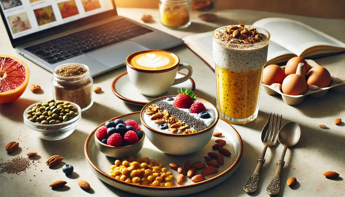 A nutritious high-protein vegetarian breakfast featuring Greek yogurt with berries, a protein smoothie, and moong dal chilla, set on a morning work desk with a laptop and coffee