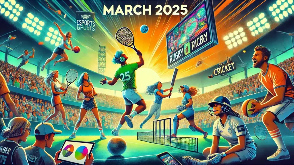 Illustration of a vibrant stadium scene in March 2025, showcasing athletes and fans enjoying emerging sports in the US, including a pickleball player, esports gamer, women’s basketball star, rugby player, and cricket batter, with cheering crowds and colorful banners