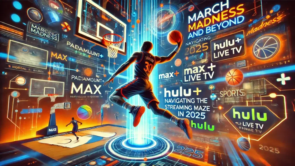 Illustration of a basketball player dunking on a digital court with streaming platform logos and tech elements, featuring a US map and the title 'March Madness and Beyond: Navigating the Sports Streaming Maze in 2025' in bold neon text