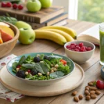 A bright wooden table topped with plant-based diet, including a bowl of mixed greens, sliced fruits, quinoa, chickpeas, almonds, a green smoothie, and an open cookbook, showcasing a simple and healthy meal setup for weight loss after 35.