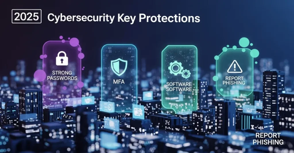 Image The 2025 Cybersecurity Awareness campaign highlights four key protections – strong passwords, MFA, updating software, and reporting phishing – as the pillars of a secure online environment.