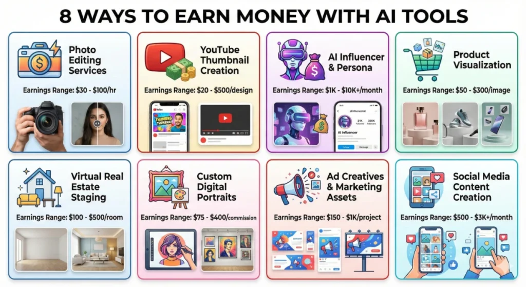 How to Make Money Using Nano Banana AI - Complete 2026 Guide 4 Eight profitable ways to make money with Nano Banana AI including freelancing, e-commerce, and content creation